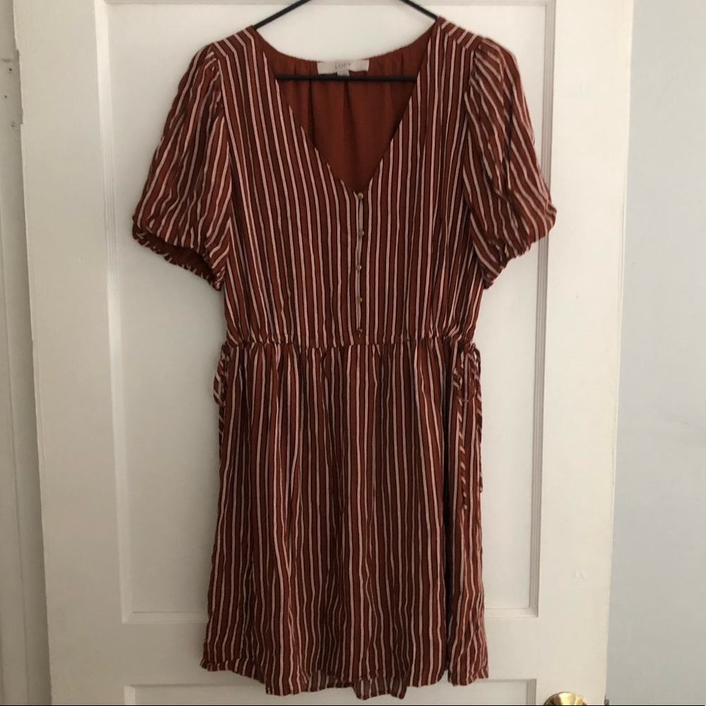 LOFT Camel Brown Striped Puff Sleeve Dress | Size 8